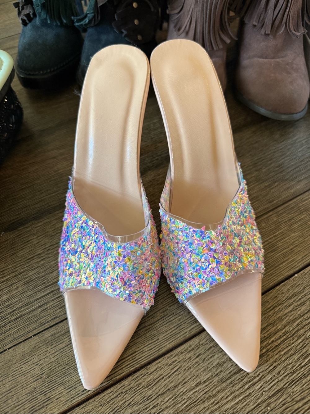 Sequin Embellished Pointed Mule Heels - Multicolor